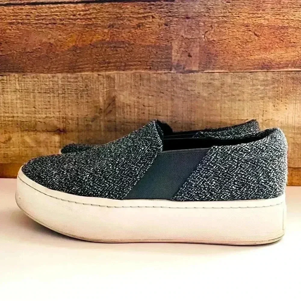 Vince Warren Platform Sneakers Gray Tweed Notched  Vamp Cushioned Slip Ons